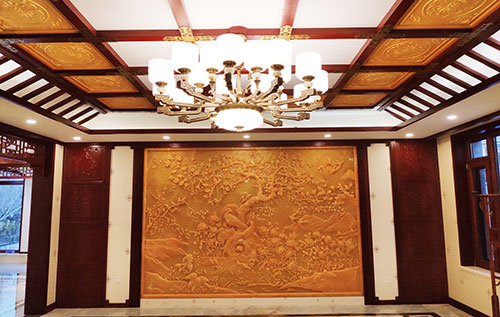 鹤山中式别墅客厅中式木作横梁吊顶装饰展示